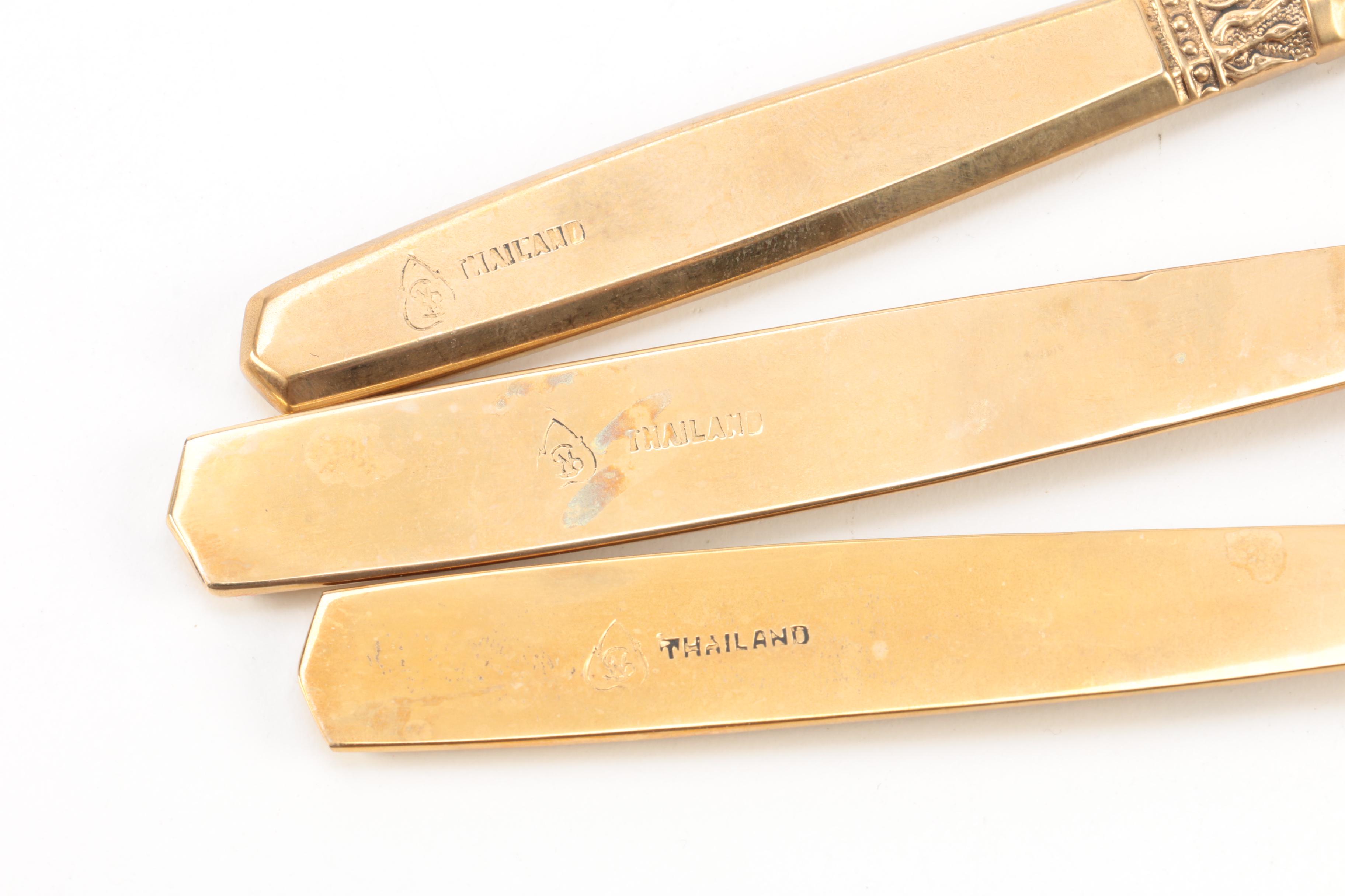 Thailand Brass Flatware Set with Wooden Flatware Storage Chest