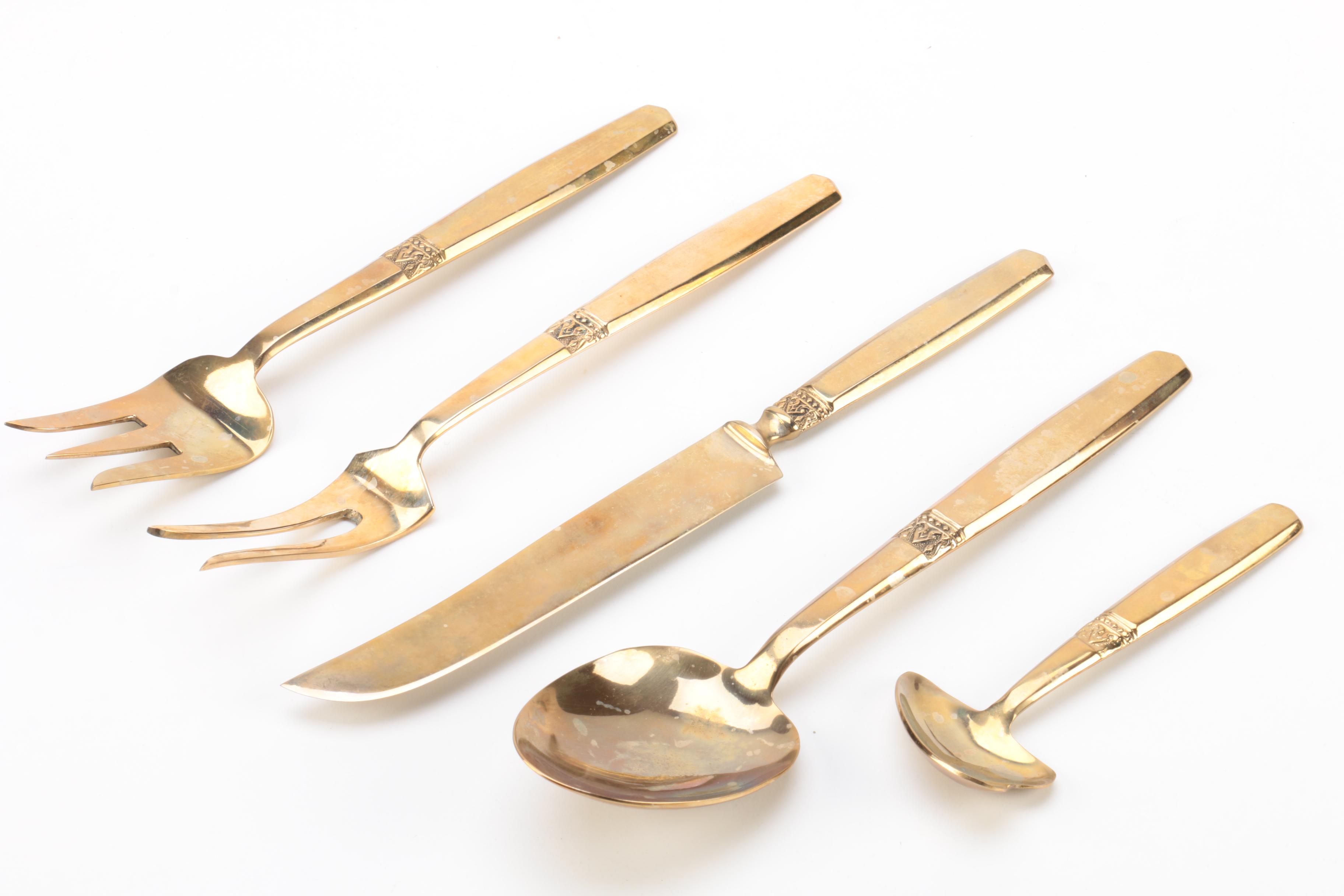 Thailand Brass Flatware Set with Wooden Flatware Storage Chest