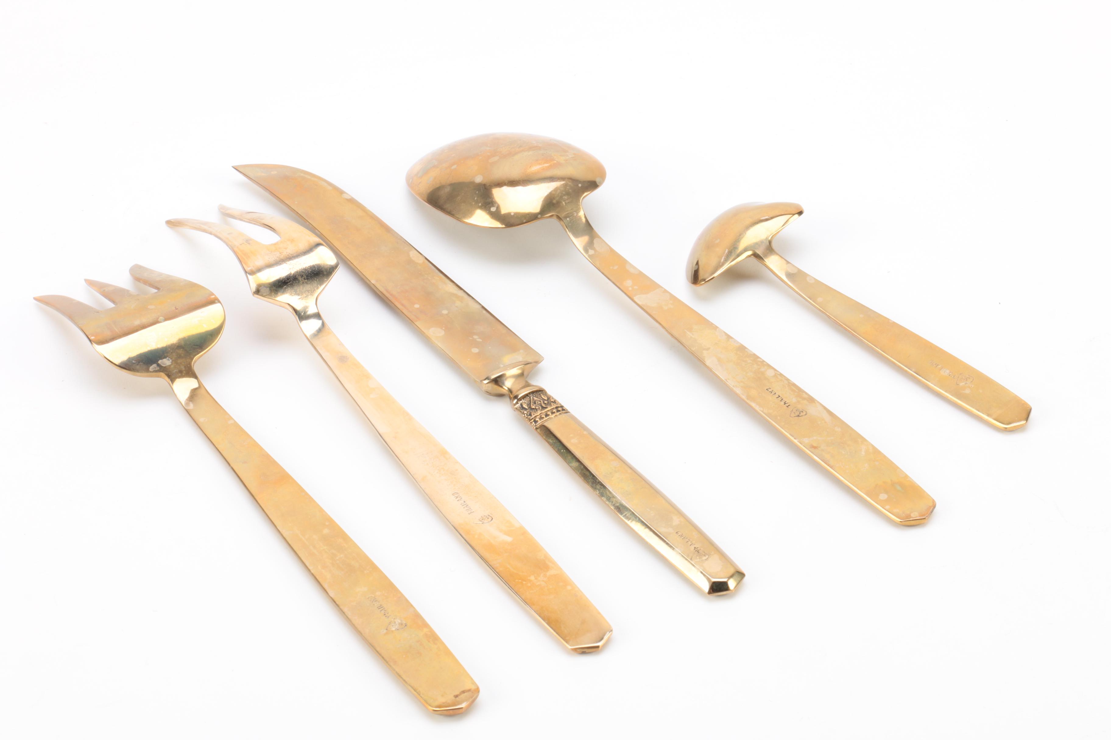Thailand Brass Flatware Set with Wooden Flatware Storage Chest