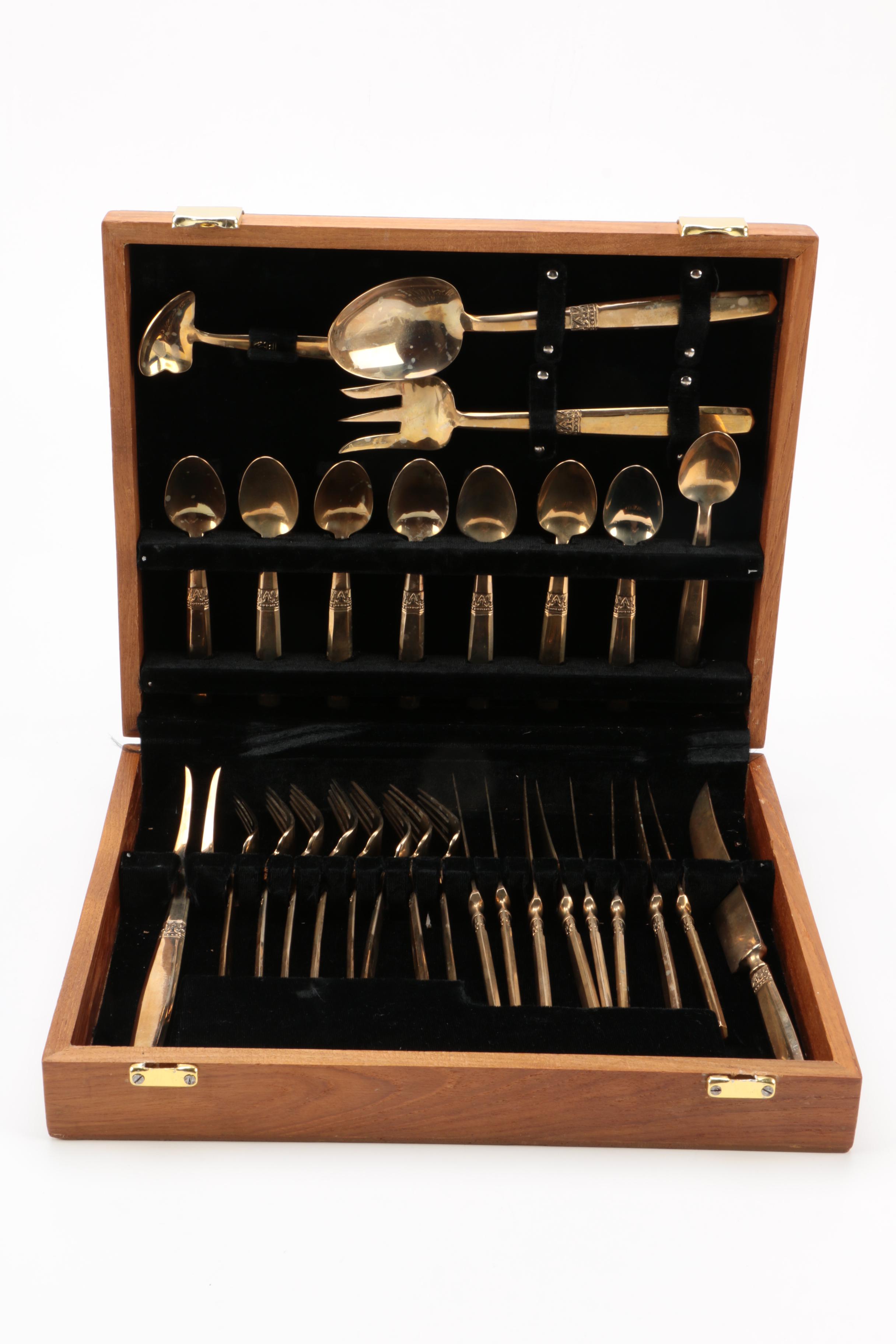 Thailand Brass Flatware Set with Wooden Flatware Storage Chest