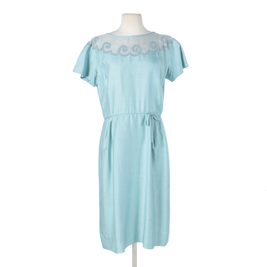 1950s Aquamarine Dupioni Silk and Lace Cocktail Dress