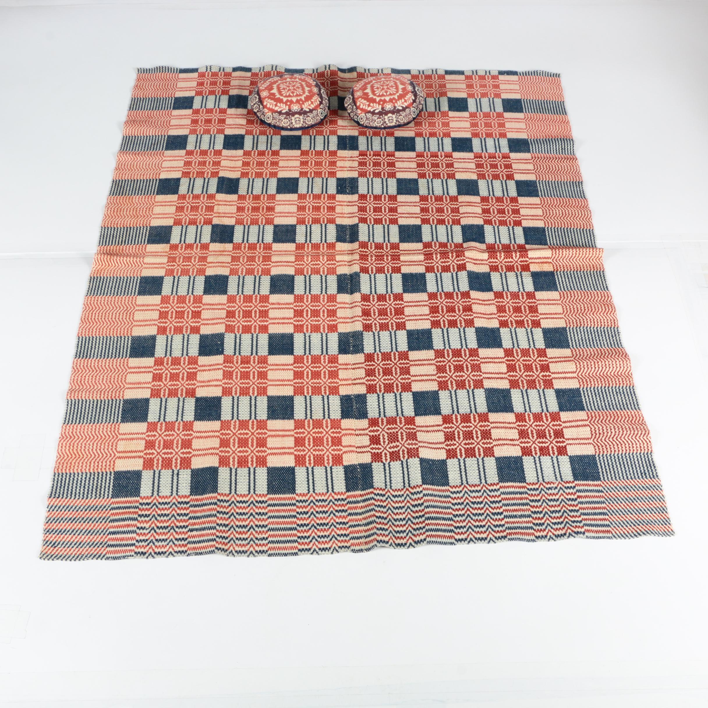 Antique Woven Wool Coverlet And Pillows
