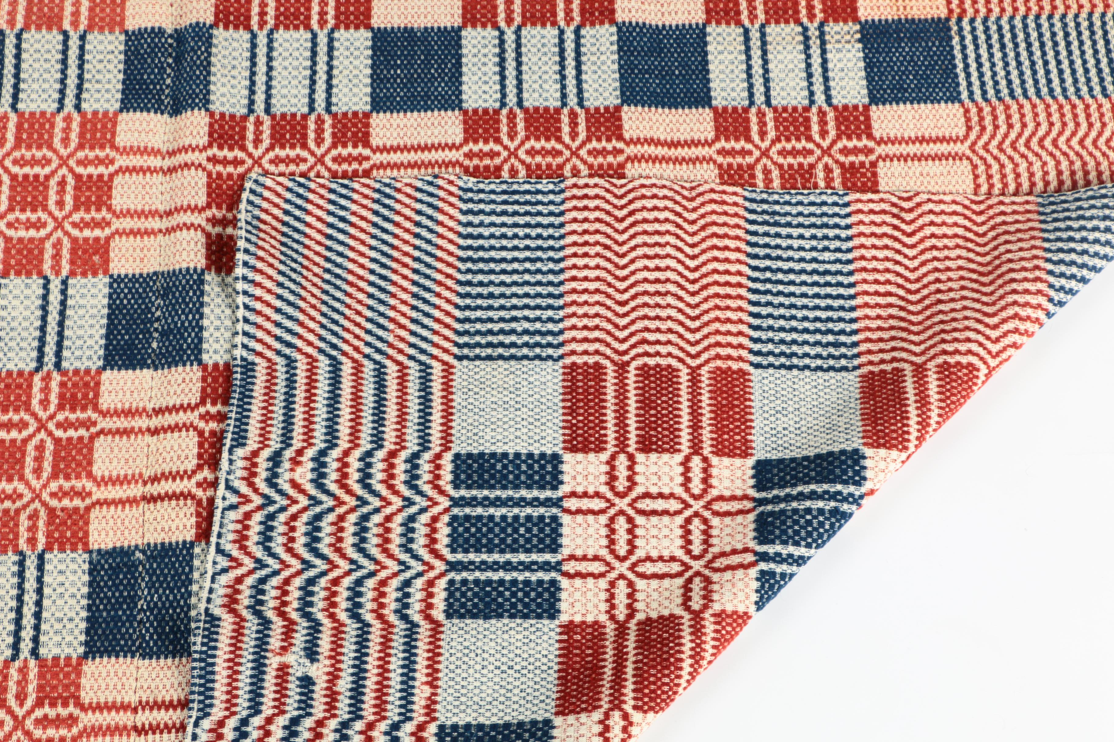 Antique Woven Wool Coverlet And Pillows