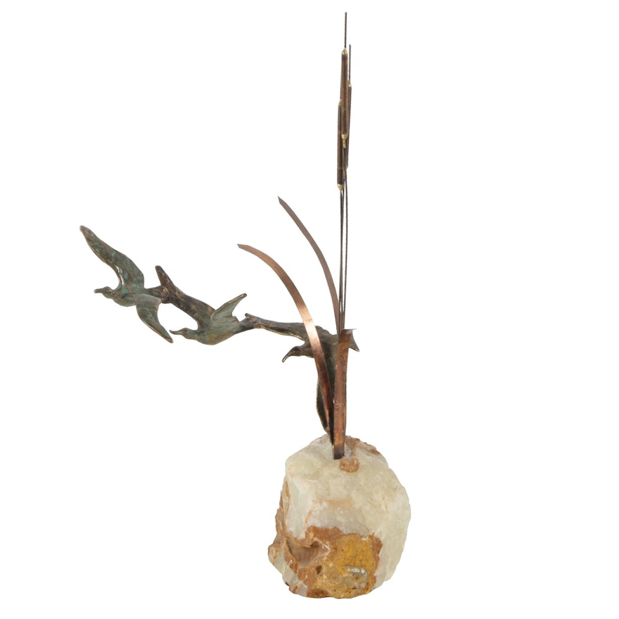 Curtis Jeré Signed 1974 Copper and Calcite Sculpture of Flying Ducks