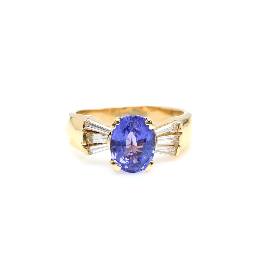 18K Yellow Gold Tanzanite and Diamond Ring