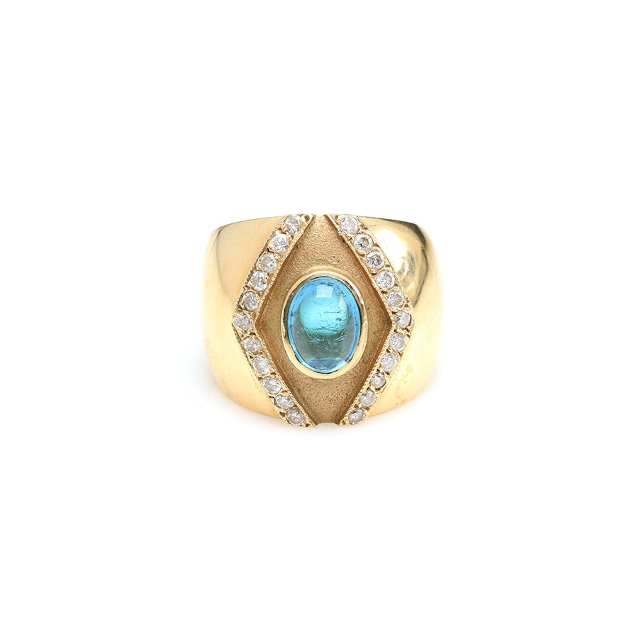 14K Yellow Gold Aquamarine and Diamond Ring