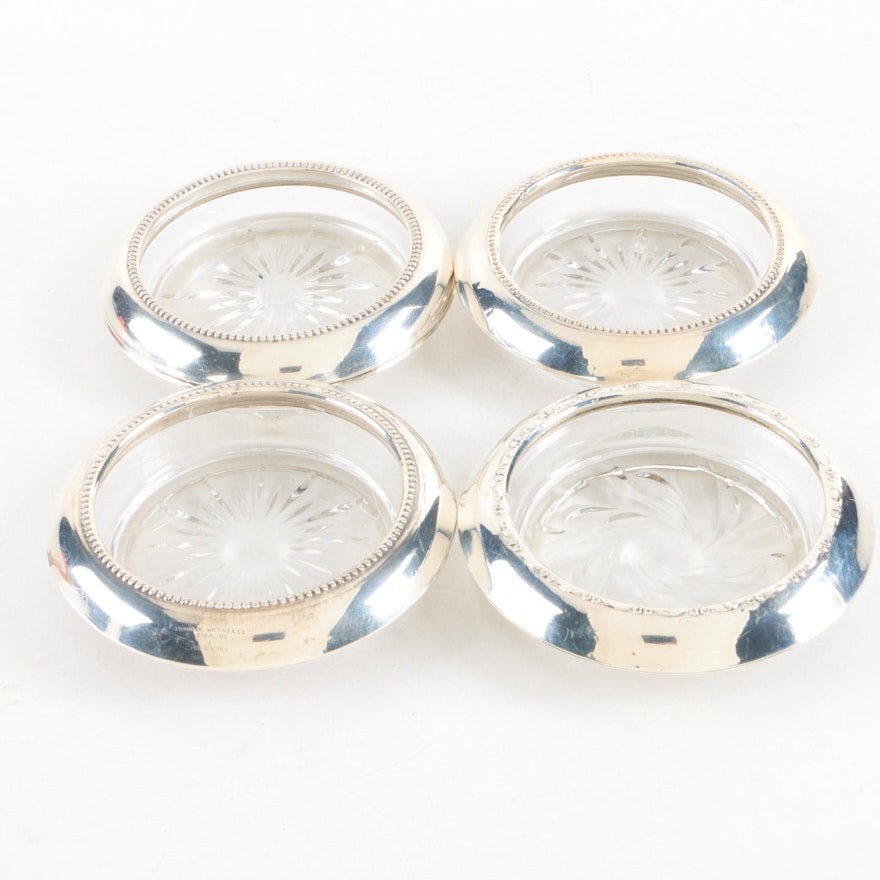 Vintage Sterling Silver Rimmed Glass Coasters Featuring Amston Silver Co.