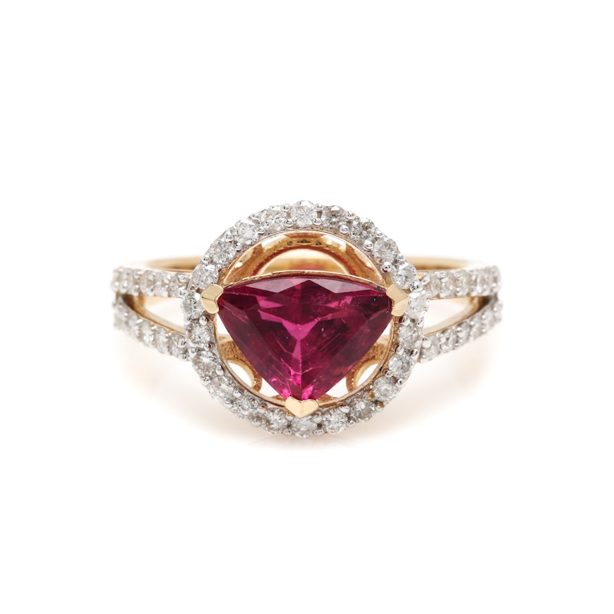 14K Yellow Gold Pink Tourmaline and Diamond Ring