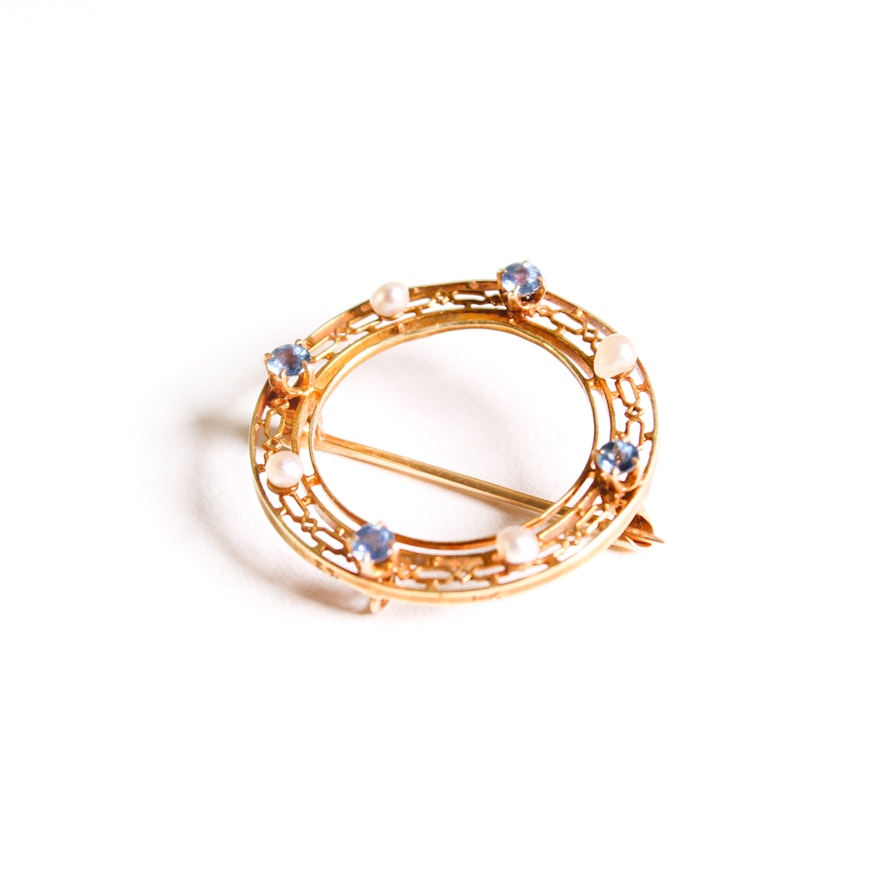 14K Yellow Gold Sapphire and Pearl Brooch
