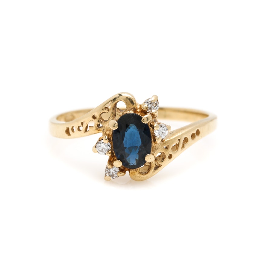 14K Yellow Gold Sapphire and Diamond Bypass Ring