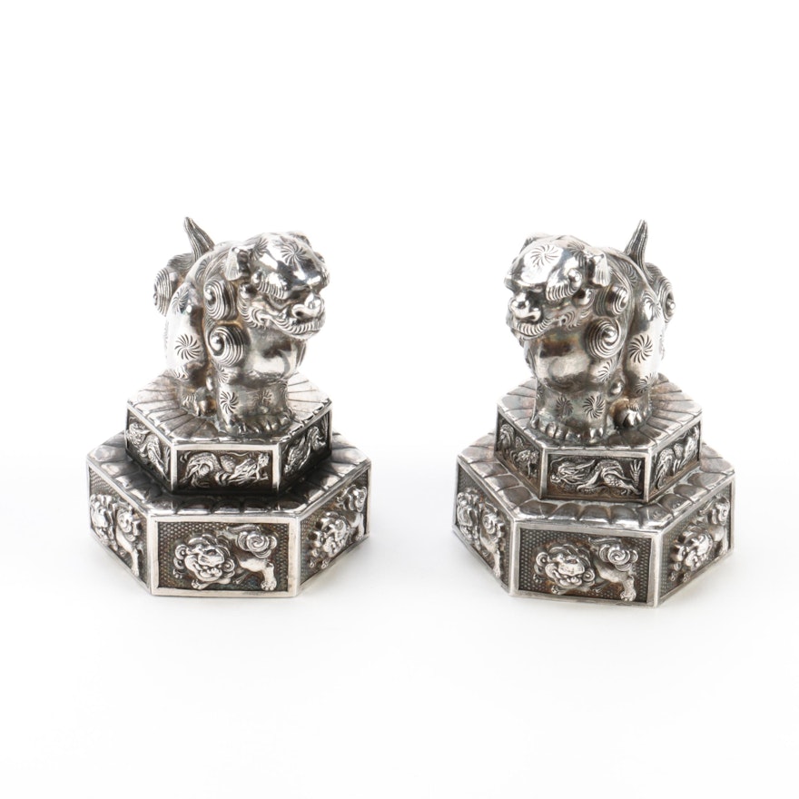 Sterling Silver Chinese Guardian Lion Salt and Pepper Shakers