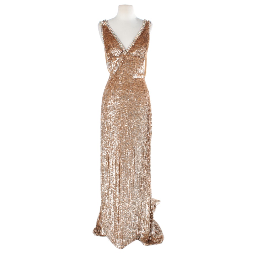 Gold Tone Beaded Sleeveless Evening Gown
