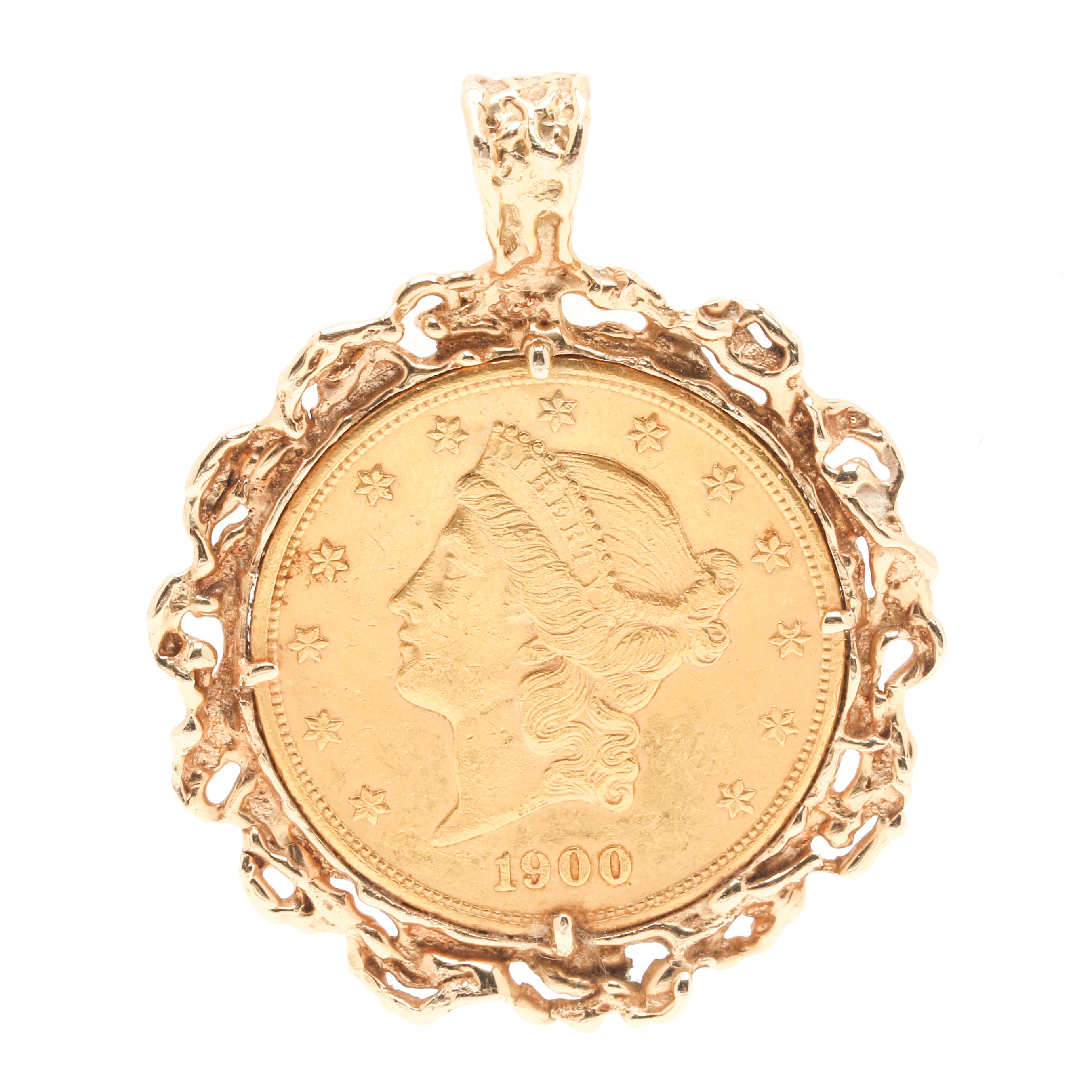 1900 James Barton Longacre 14K and 22K Yellow Gold Liberty Head $20 Coin Pendant
