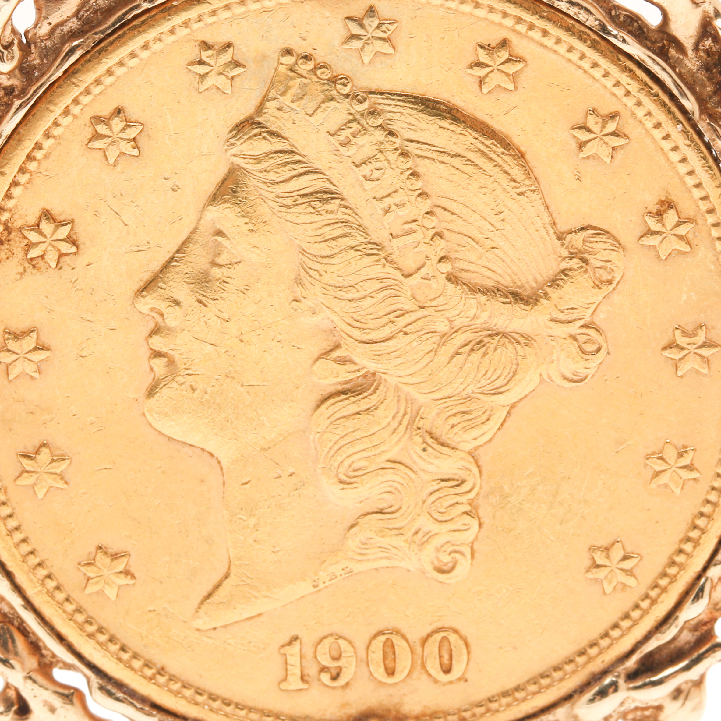 1900 James Barton Longacre 14K and 22K Yellow Gold Liberty Head $20 Coin Pendant