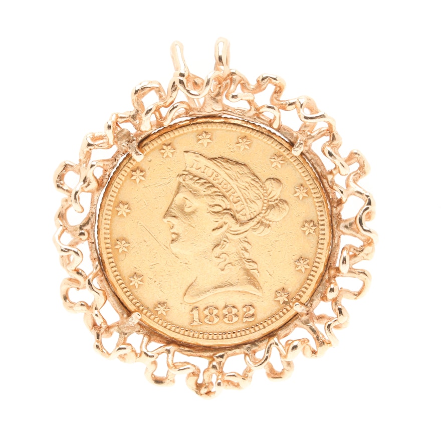 Christian Gobrecht 1882 $10 Liberty Head 22K and 14K Yellow Gold Coin Pendant