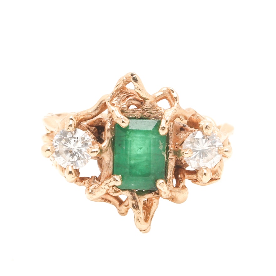 14K Yellow Gold Emerald and Diamond Ring