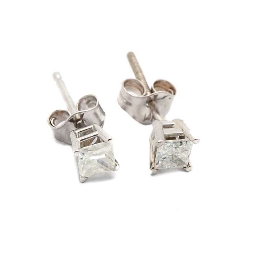 14K and 18K White Gold Single Princess Cut Diamond Stud Earrings