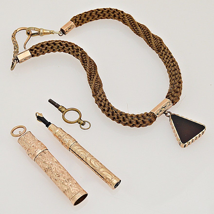 Victorian Mourning Hair and Onyx Necklace, Engraved Gold Tone Pen and Buttonhook