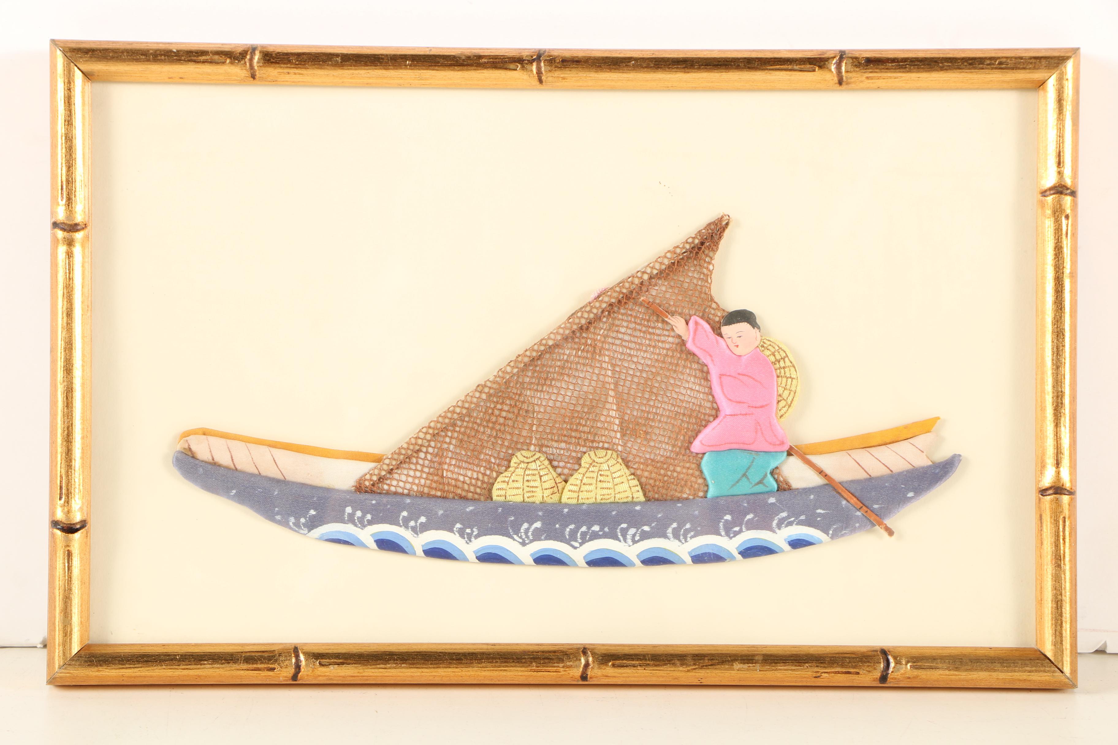 Chinese Hand-Painted Silk Boats