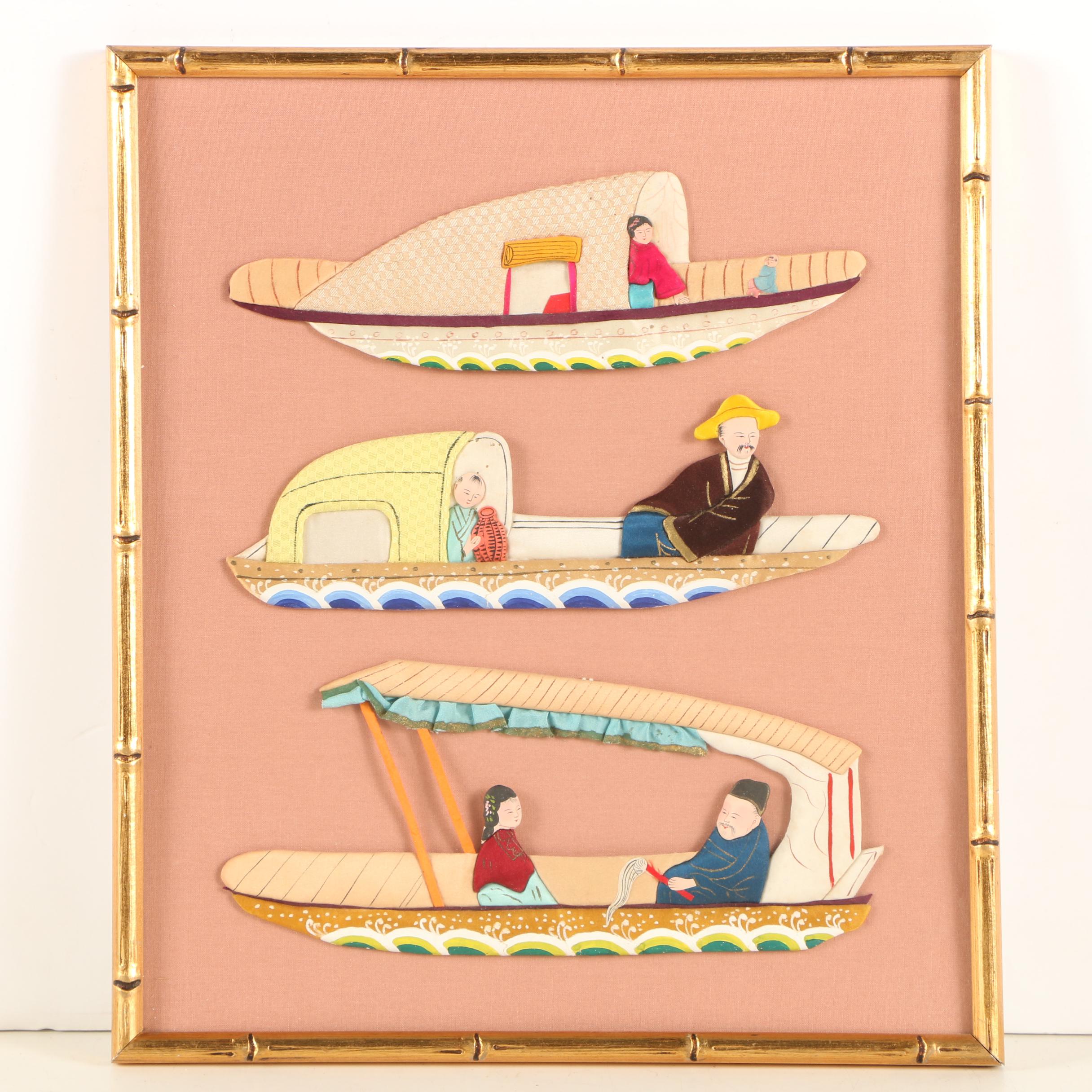 Chinese Hand-Painted Silk Boats