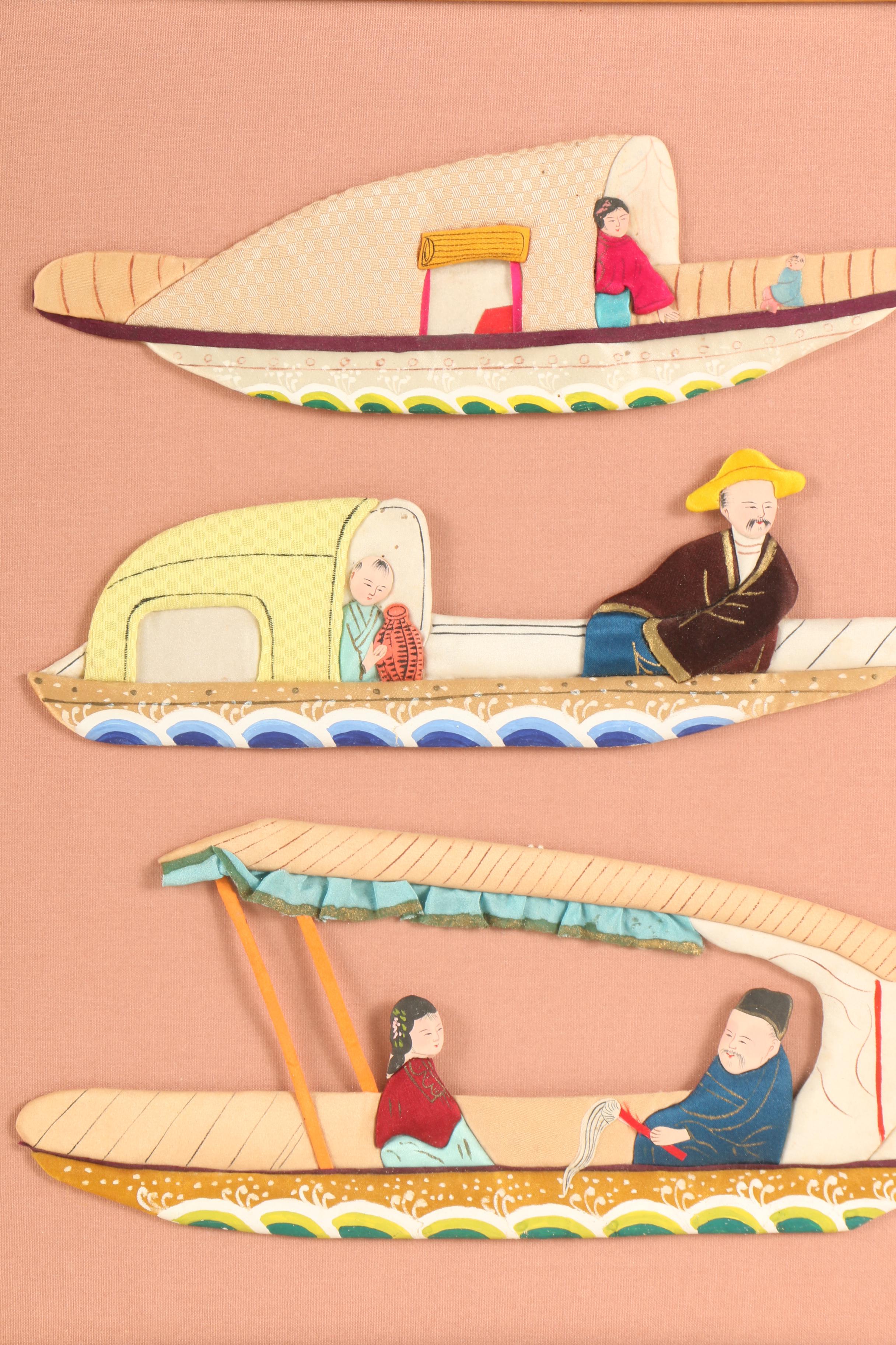 Chinese Hand-Painted Silk Boats