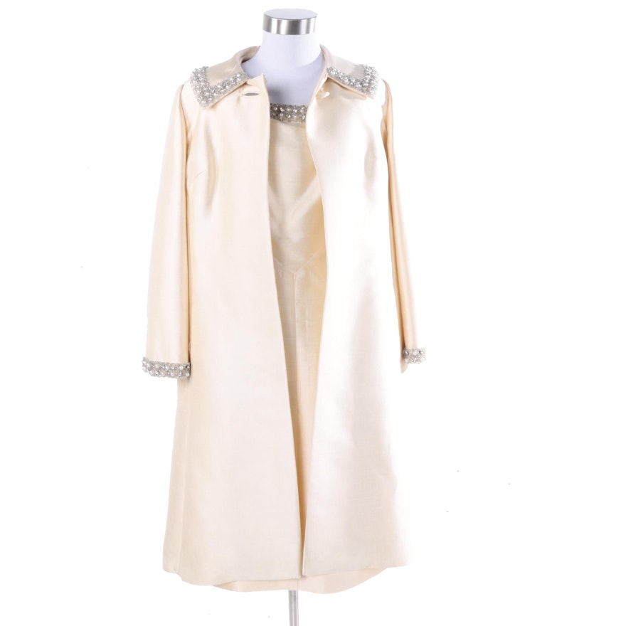 1960s Nat Allen Ivory Silk and Faux Pearl Beaded Cocktail Dress and Coat