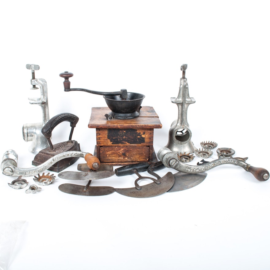 Antique Kitchenalia Assortment Featuring a Union Mill Coffee Mill