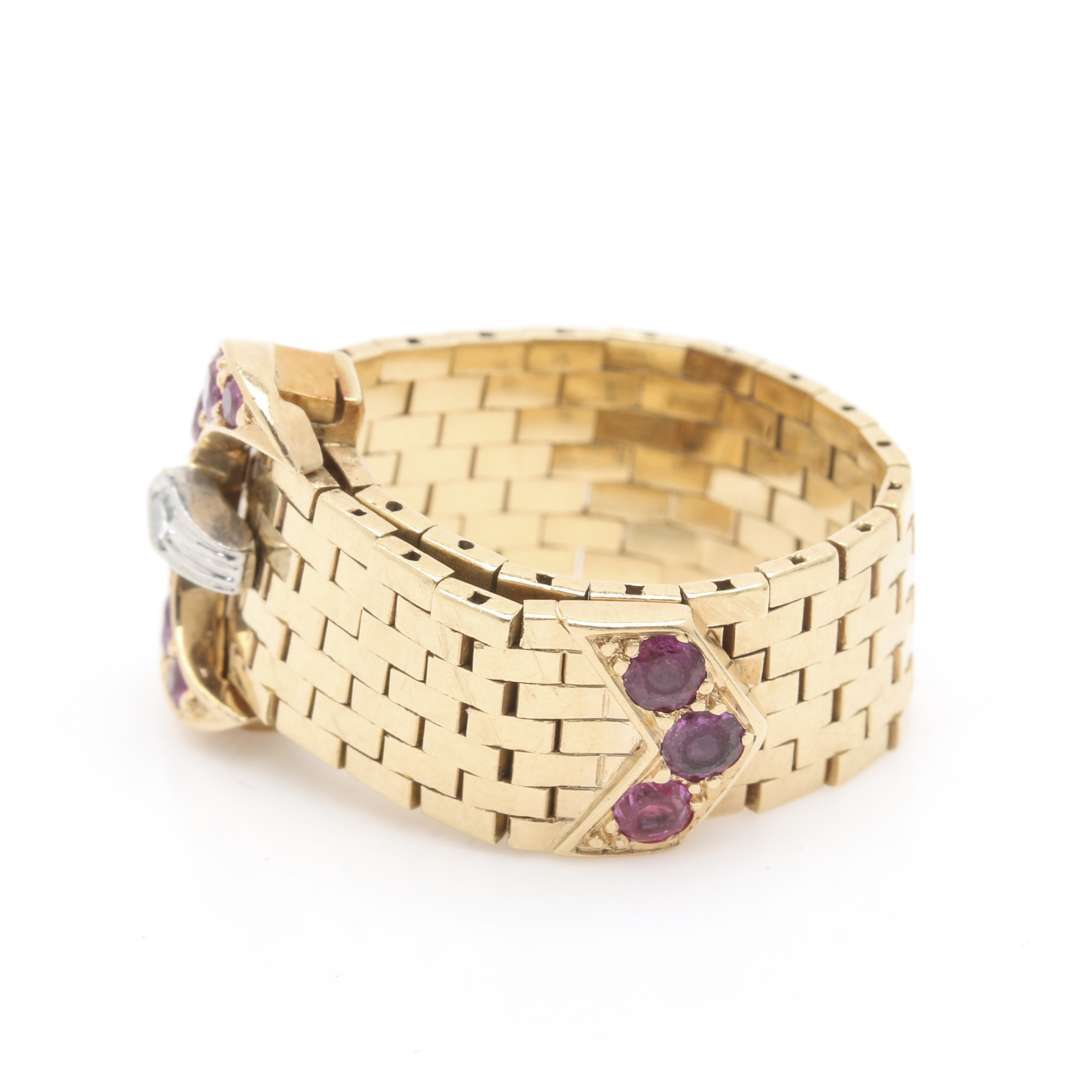 14K Yellow Gold Ruby and Diamond Belt Flex Chain Ring