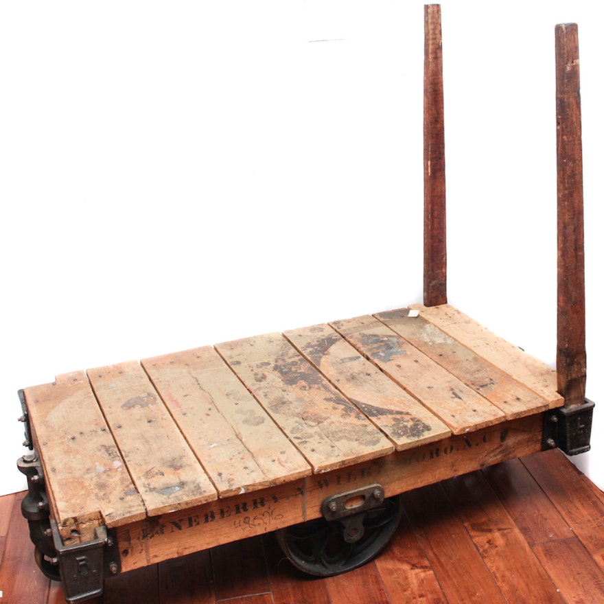 Antique Lineberry Industrial Wood and Cast Iron Factory Dolly