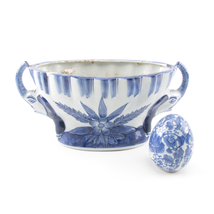 Blue and White Ceramic Elephant Jardiniere and Egg