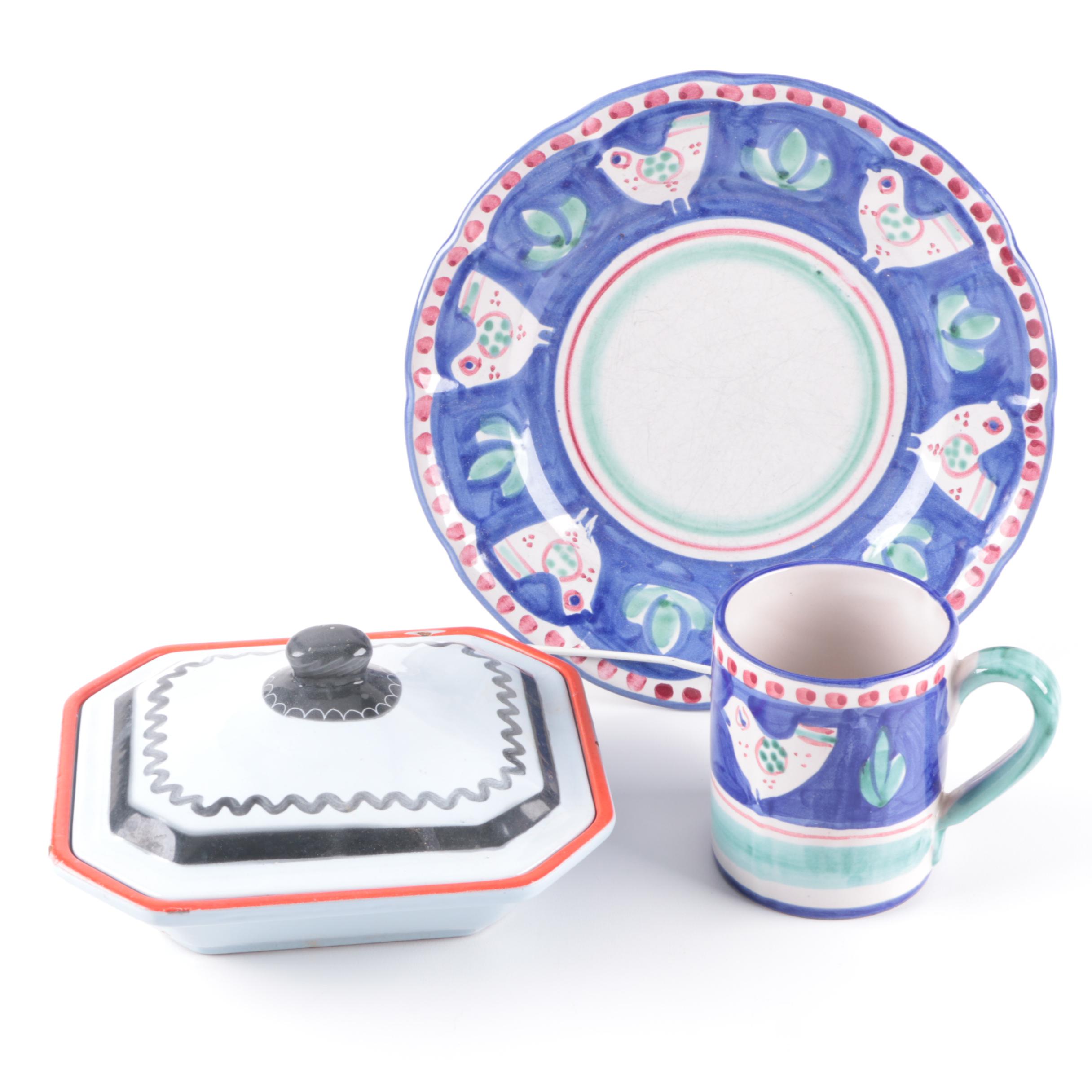 Vintage Klafestrom Cast Enamel Serving Dish and Italian "Solimene" Pottery