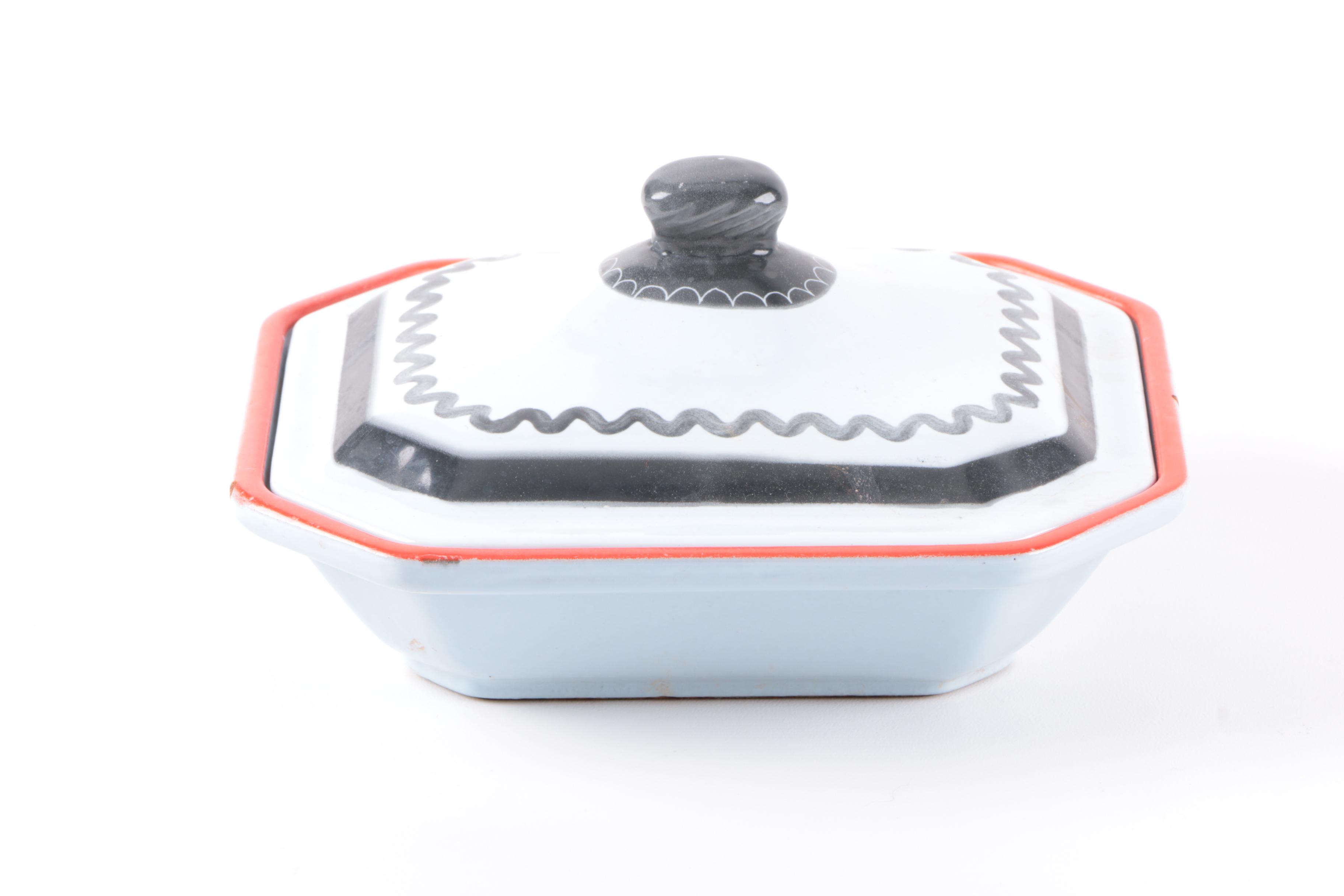 Vintage Klafestrom Cast Enamel Serving Dish and Italian "Solimene" Pottery