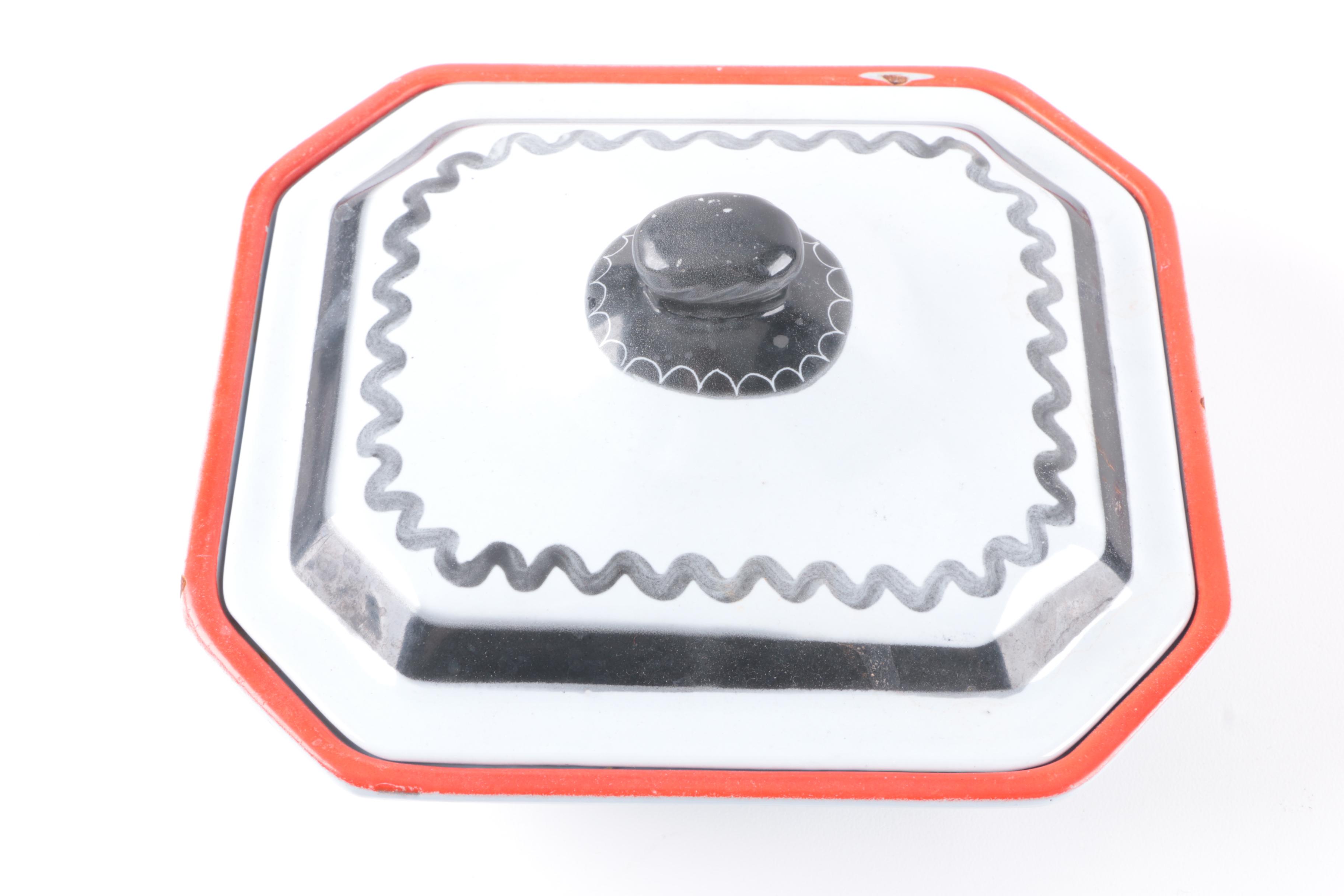 Vintage Klafestrom Cast Enamel Serving Dish and Italian "Solimene" Pottery