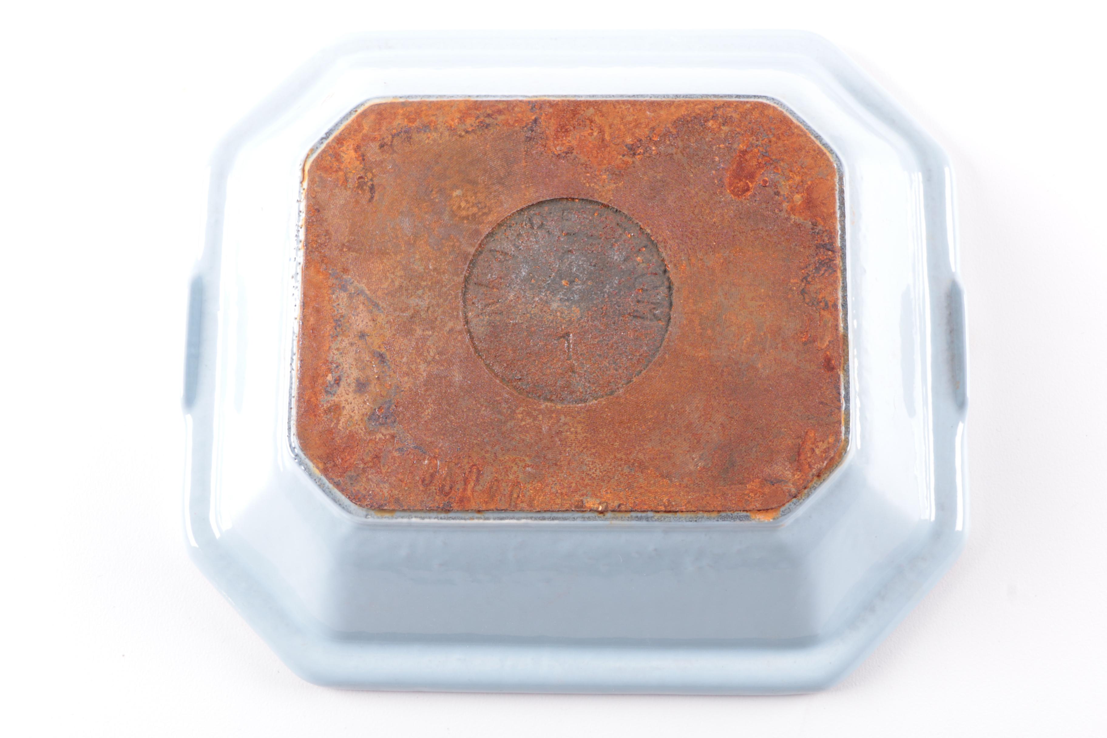 Vintage Klafestrom Cast Enamel Serving Dish and Italian "Solimene" Pottery