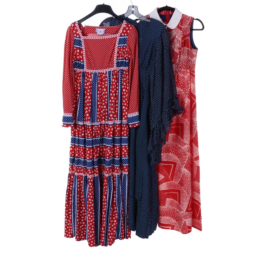 1970s Cotton Dresses In Geometric Red, White, Blue Polka Dot Prints