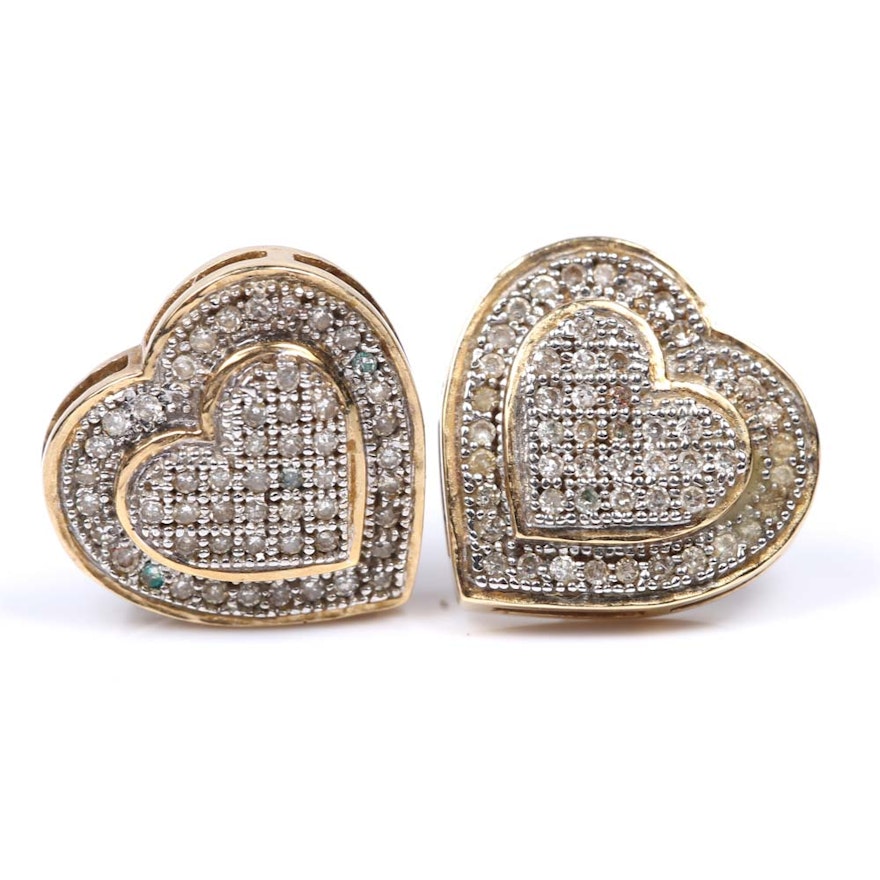 14K Yellow Gold and Diamond Heart Earrings