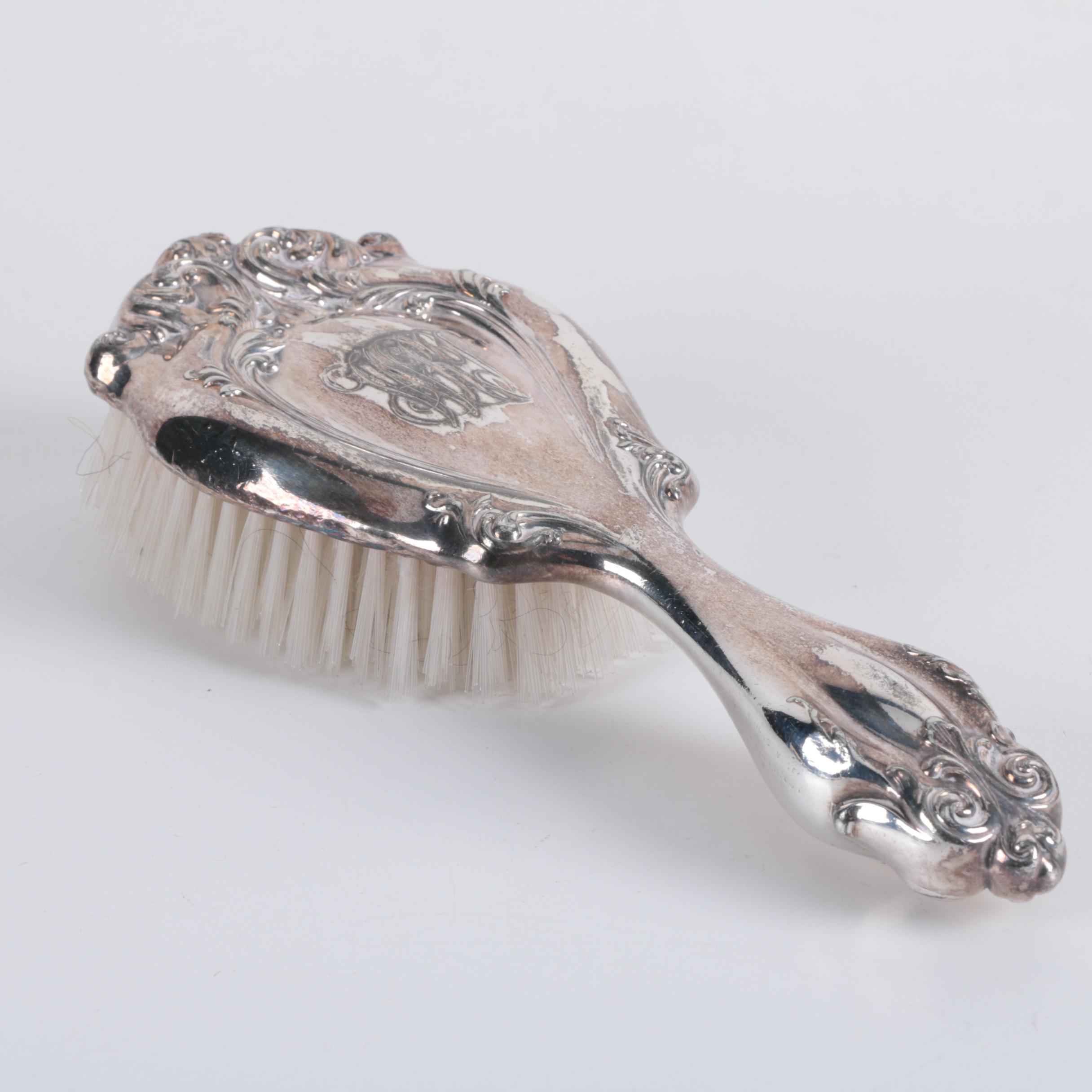 Baroque Style Silver Plate Brush and Mirror
