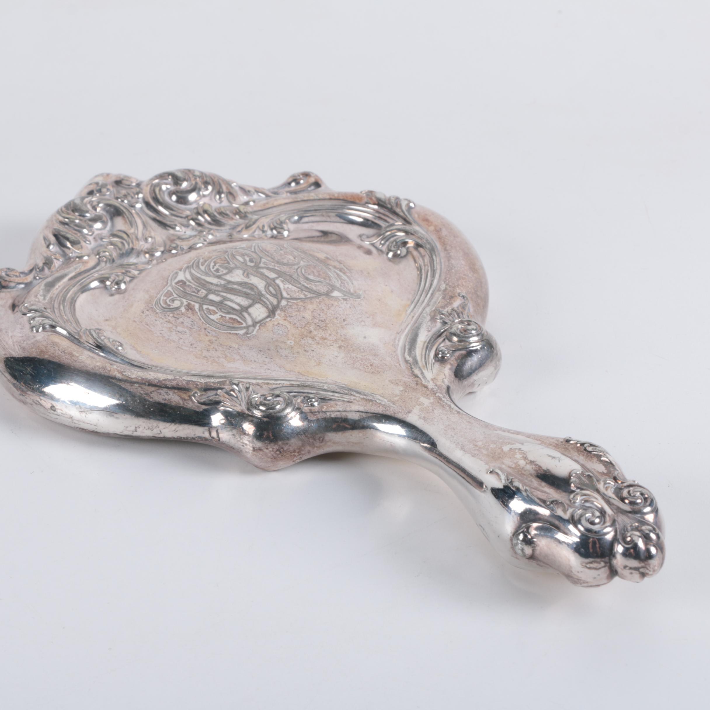 Baroque Style Silver Plate Brush and Mirror