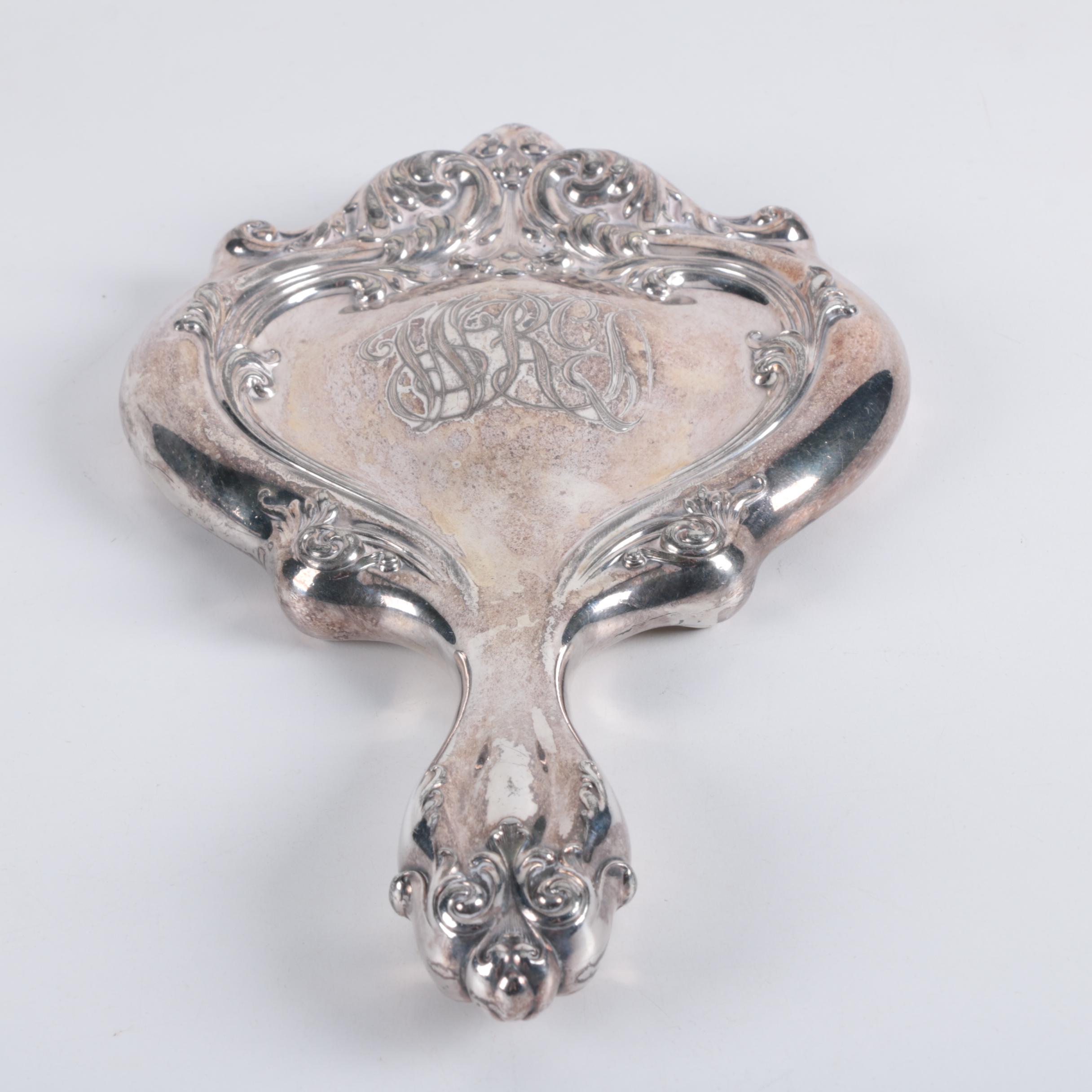 Baroque Style Silver Plate Brush and Mirror