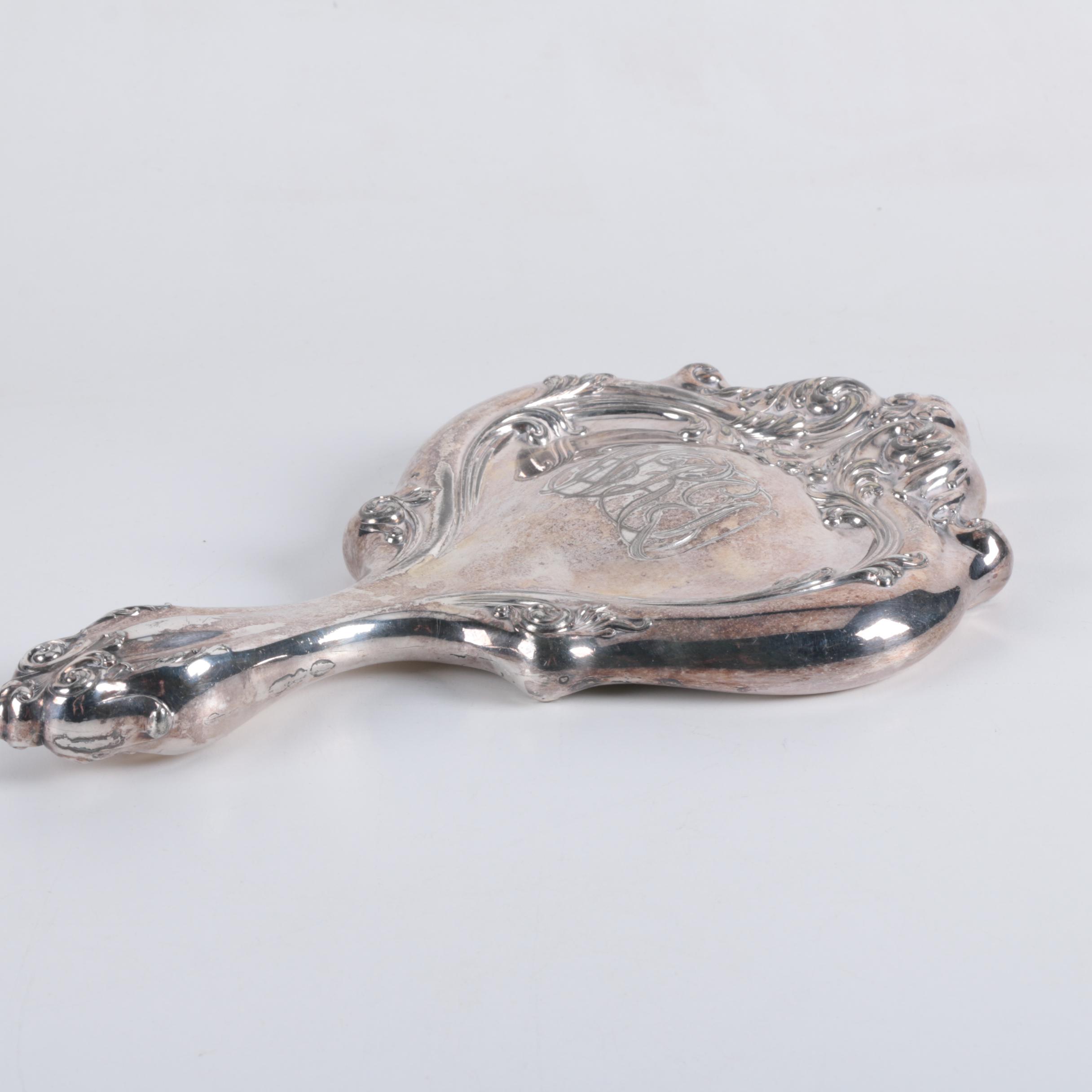Baroque Style Silver Plate Brush and Mirror