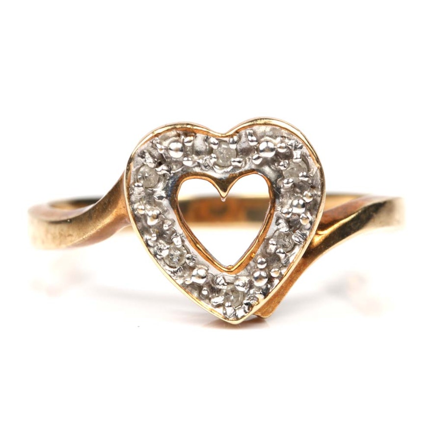 10K Yellow Gold and Diamond Heart Ring