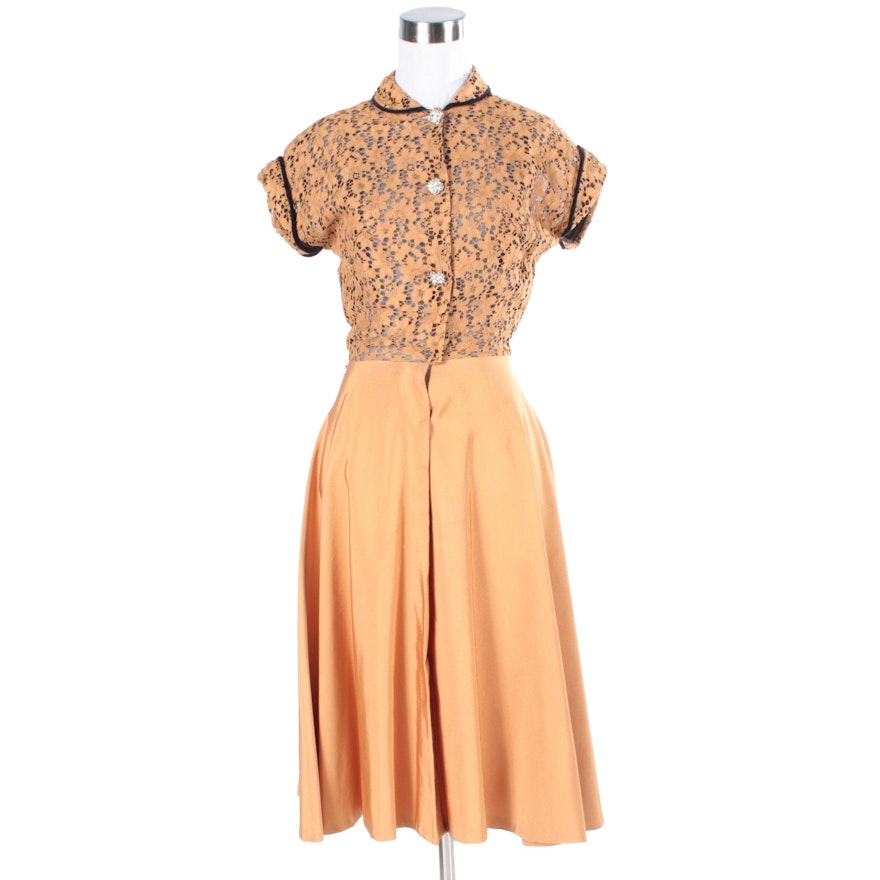 1950s Tangerine Lace Dress with Rhinestone Buttons