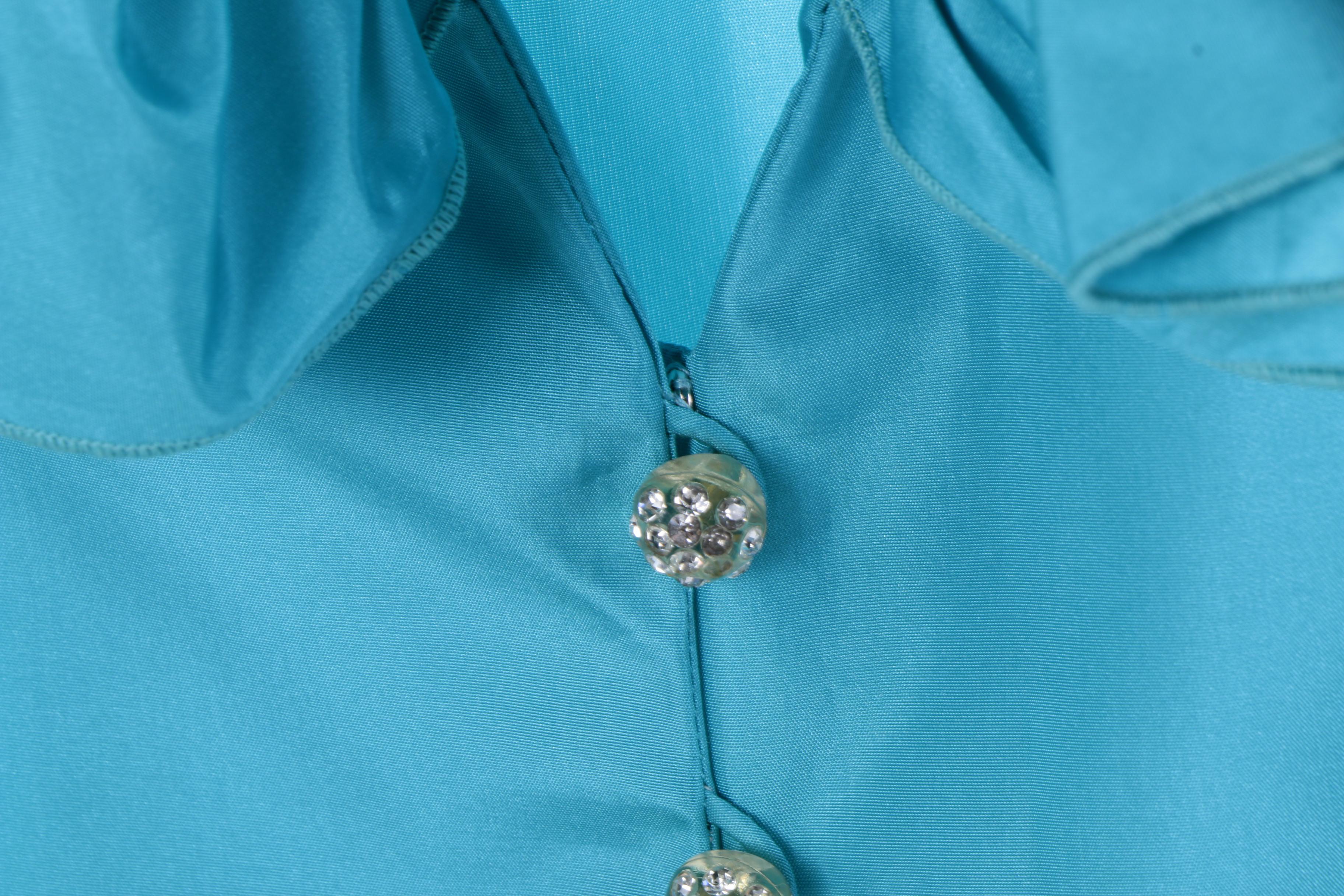 1970s Levino Verna Blue Silk Rhinestone Evening Dress Ensemble