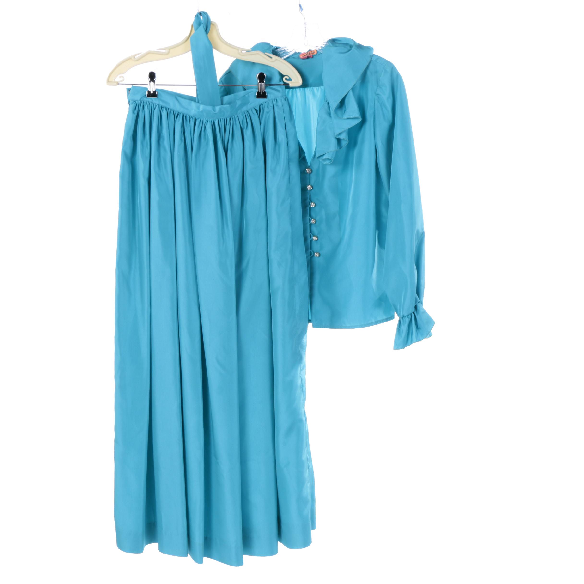 1970s Levino Verna Blue Silk Rhinestone Evening Dress Ensemble