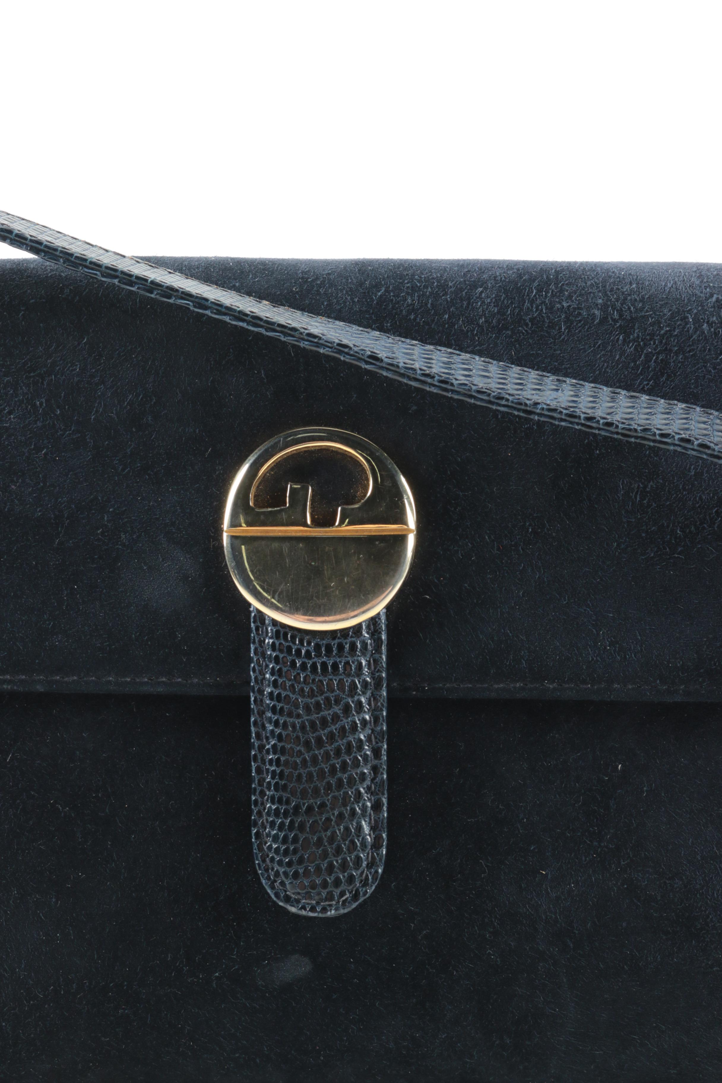 Vintage Gucci Navy Blue Suede Shoulder Bag with Lizard Strap