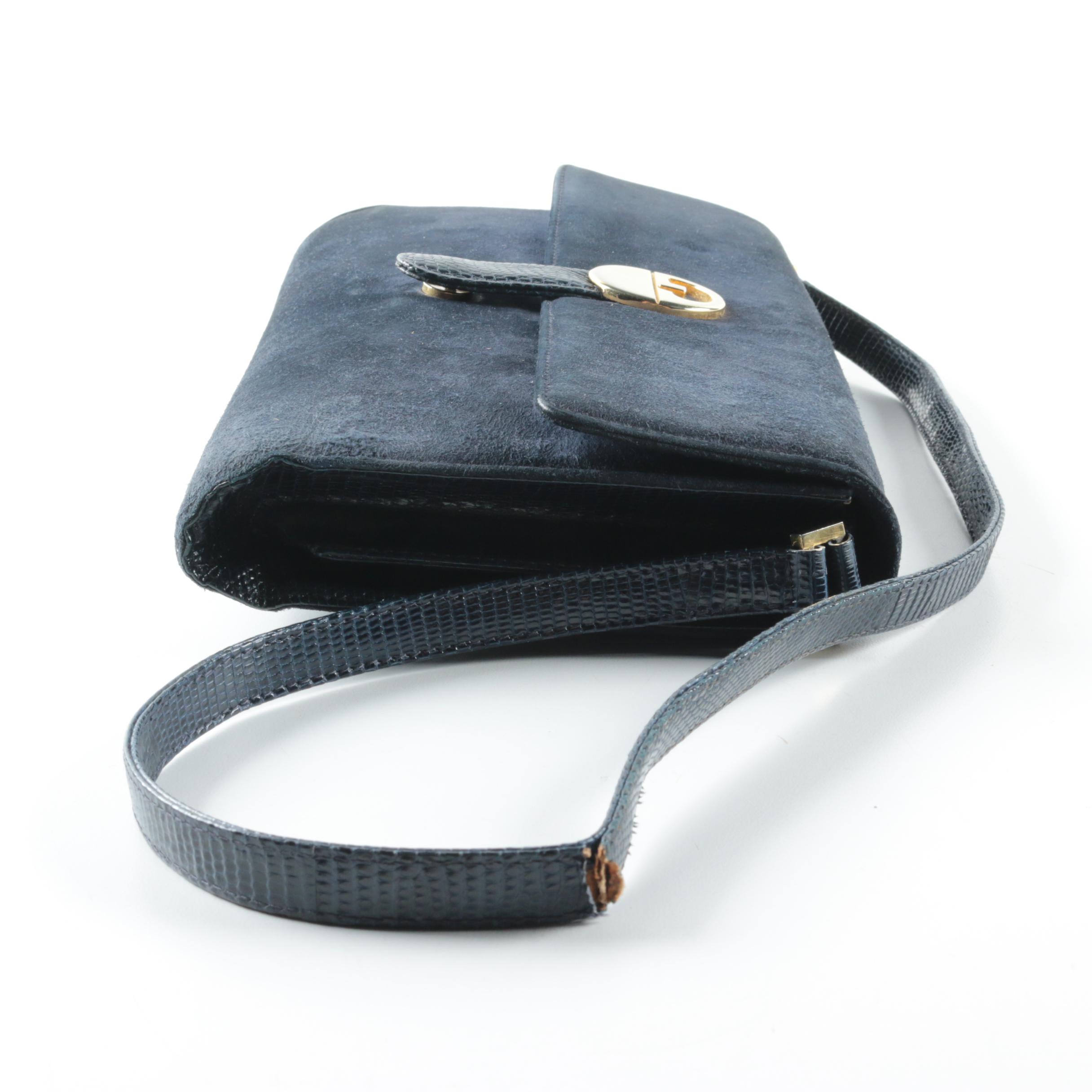 Vintage Gucci Navy Blue Suede Shoulder Bag with Lizard Strap
