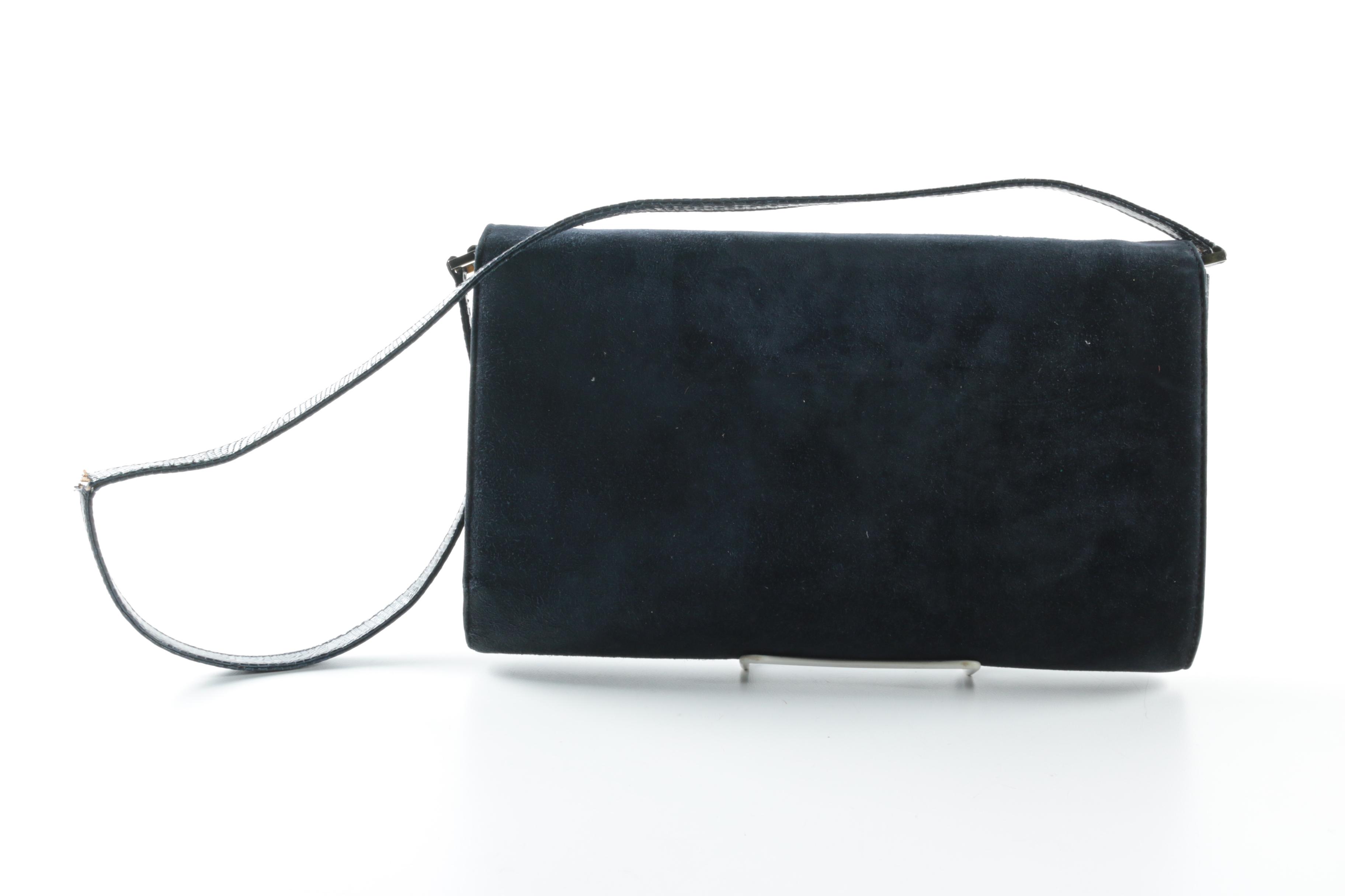 Vintage Gucci Navy Blue Suede Shoulder Bag with Lizard Strap