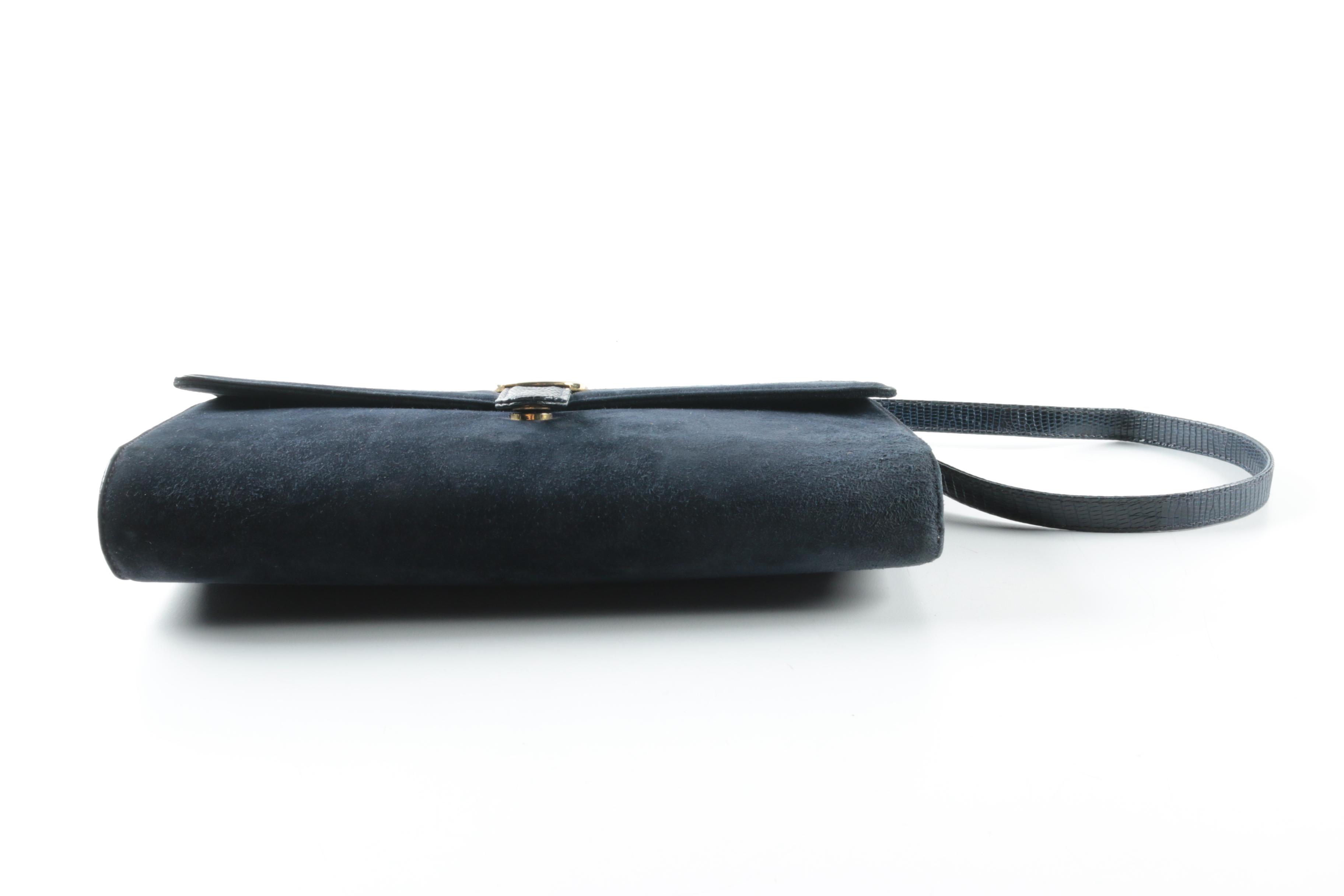 Vintage Gucci Navy Blue Suede Shoulder Bag with Lizard Strap