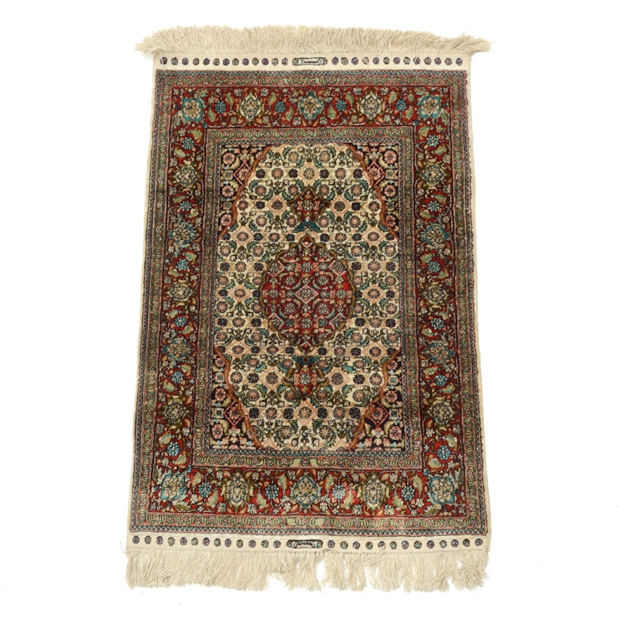 Hand-Knotted Turkish Silk Accent Rug with Inscription