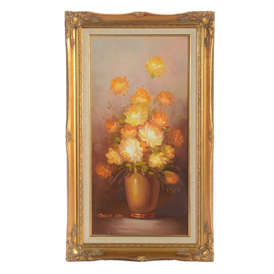 Robert Cox Original Oil Painting on Canvas of Vase of Yellow Roses